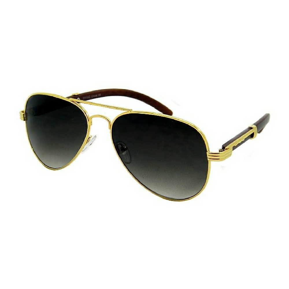 Wood Frame Gold Trim Retro Aviator Sunglasses